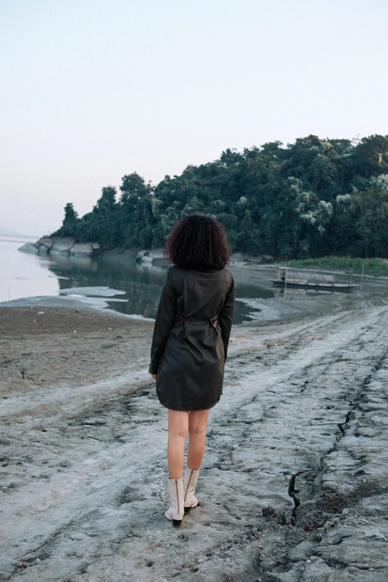 Upcycled Seattle Wrap Dress - Green cotton by The Terra Tribe in green color for women in Singapore