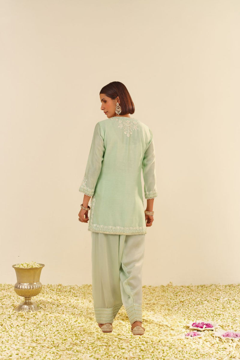 Haniya - Short Kurta With Salwar And Dupatta-Mint Green silk by SHEETAL BATRA in mint color for women in Singapore
