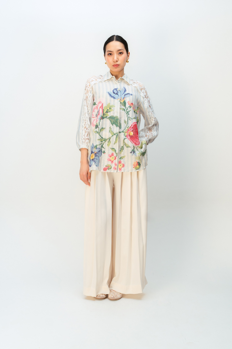 BLUSHING PETAL SHIRT linen top/shirt by Ode to Odd in blue for women in Singapore