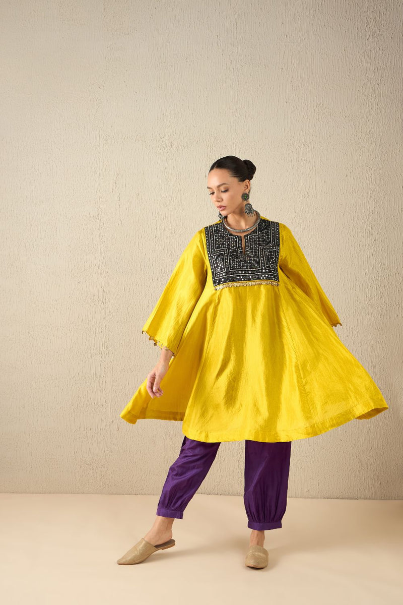 AFGHANI SILK SET - Yellow upper, Purple pants silk by Aavidi in yellow color for women in Singapore