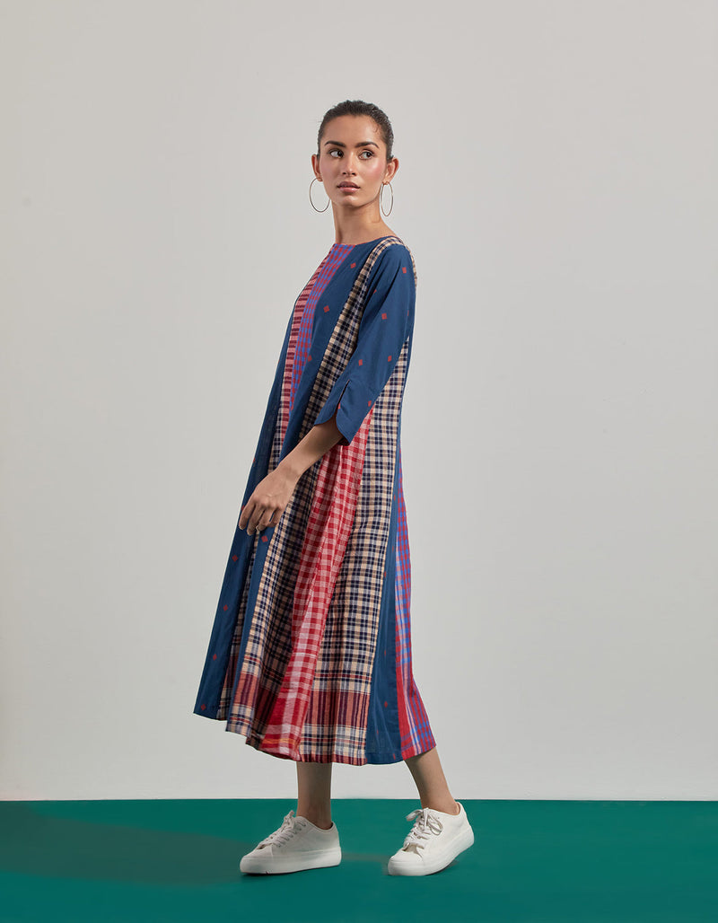 Deep Sea 16 Panelled Dress cotton,gamcha dress by 145 East in blue for women in Singapore