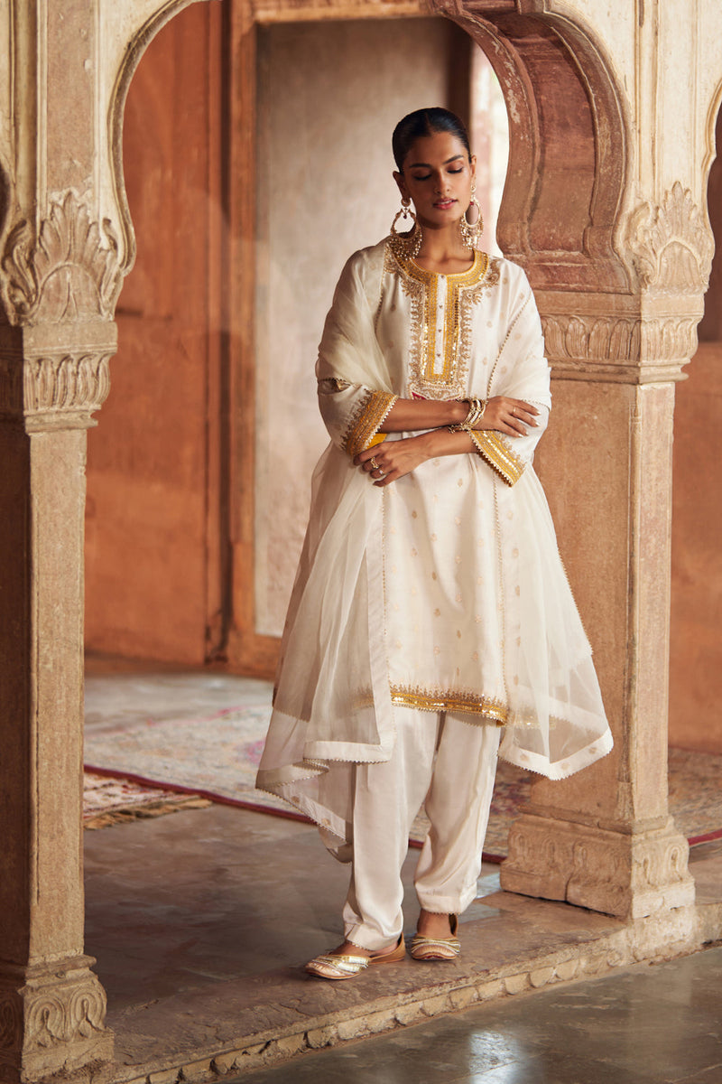 INAAYAT - DAISY IVORY CHAUGA WITH SALWAR chanderi silk kurta/kurta set by SHEETAL BATRA in ivory for women in Singapore