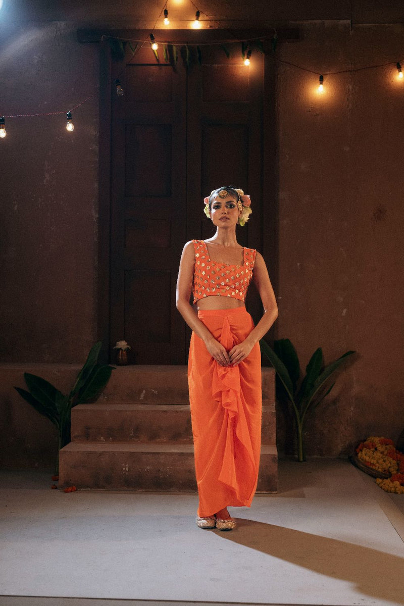 Mangala Blouse Skirt & Cape Set- Orange