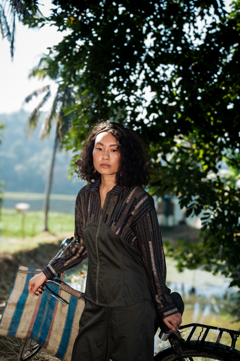 Upcycled Arizona Shirt - Green cotton by The Terra Tribe in green color for women in Singapore