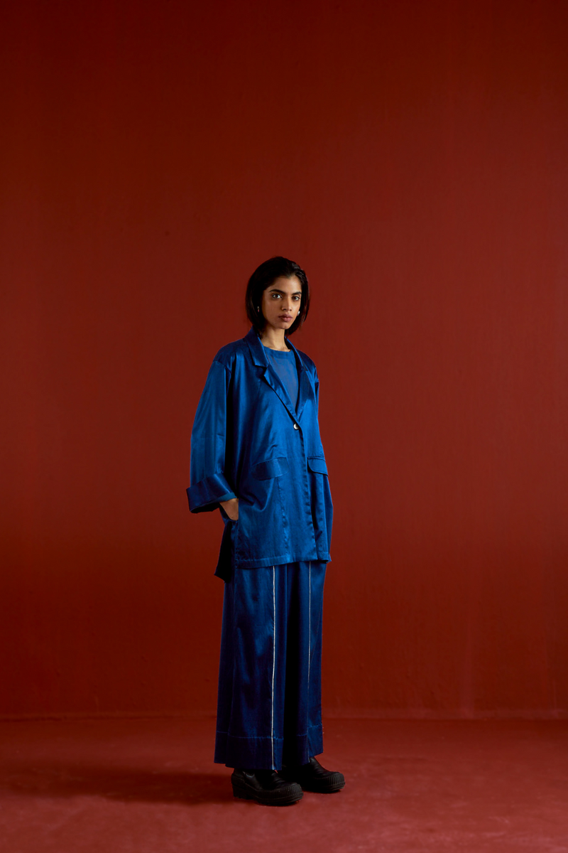 WIDE SLEEVE JACKET CO-ORD-ELECTRIC BLUE satin by THREE in blue color for women in Singapore