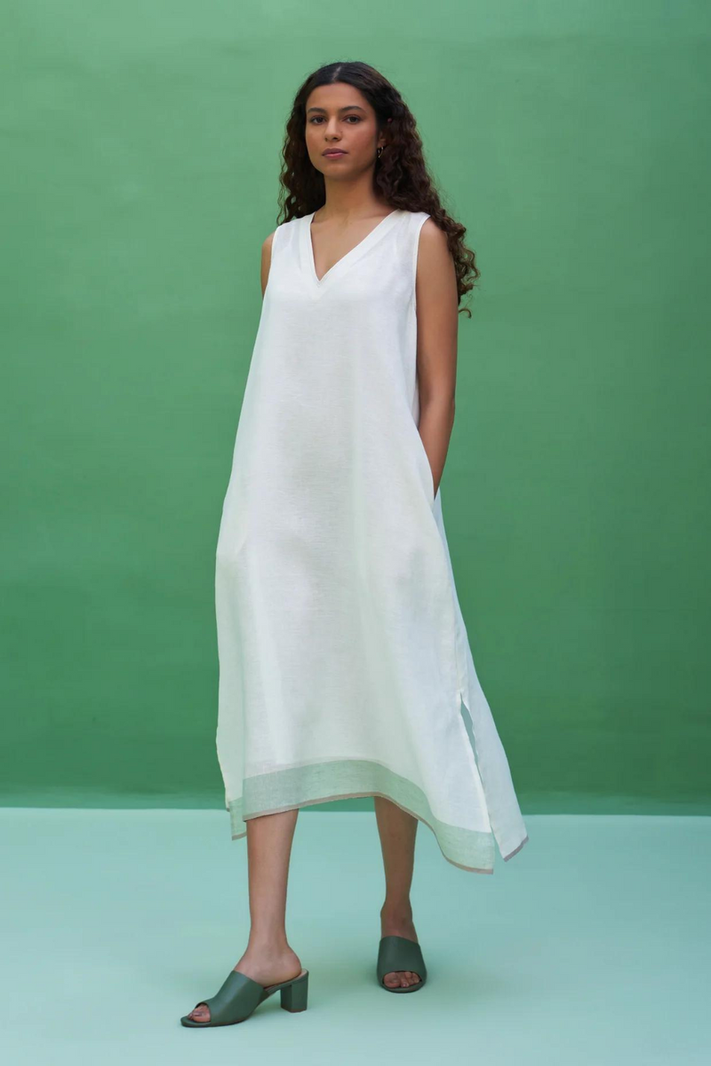 Jin Border Linen Dress 
- Ivory linen by Manan in ivory color for women in Singapore