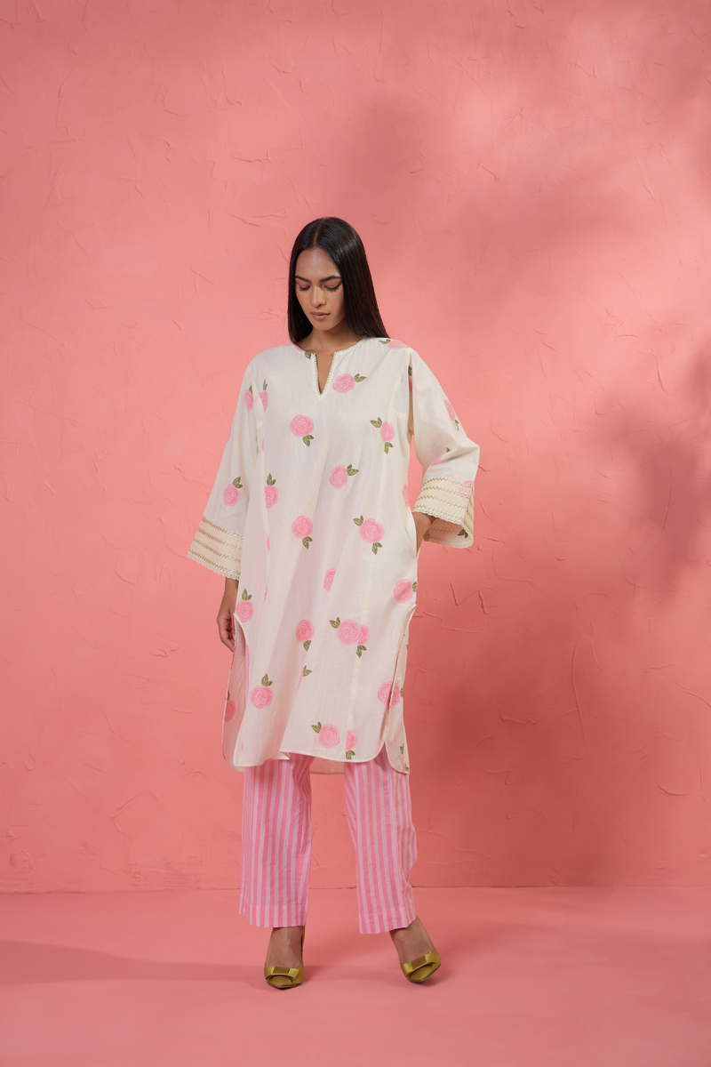 Gul Rose Set 3 cotton cambric light kurta set by AAVIDI in off white for women in Singapore