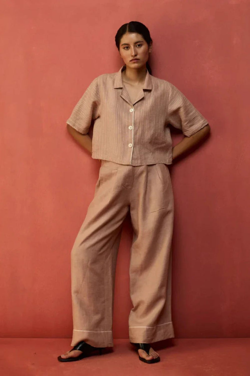 Kiera Cuban Collar Stripe Linen Shirt - Dusty Rose