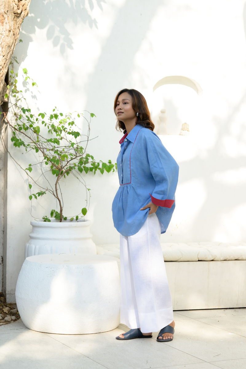 Coastal Palm Shirt linen top/shirt by Zanzibar Living in blue for women in Singapore
