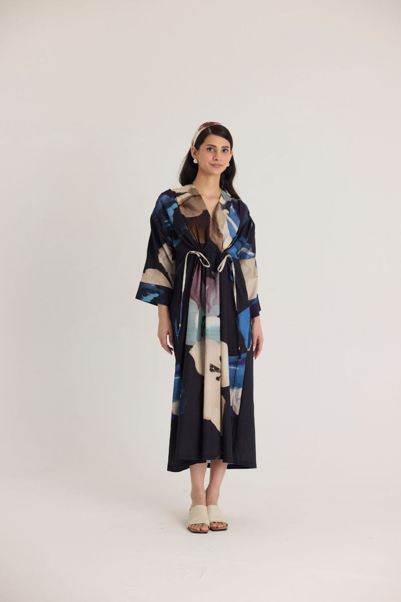 ROCCO DRAWSTRING KAFTAN DRESS poplin by Yam in black color for women in Singapore