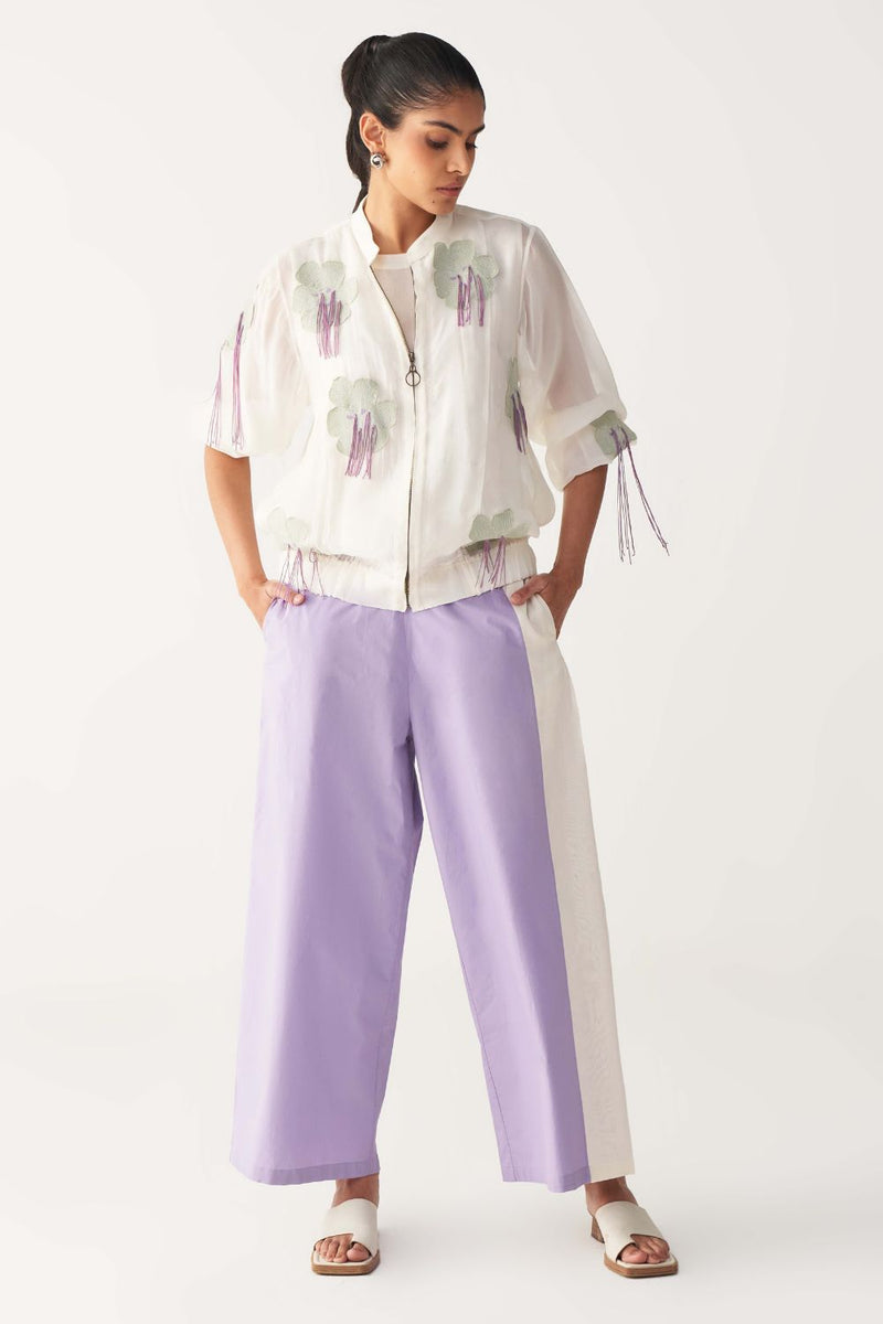 FLORAL FRINGE BOMBER-IVORY chanderi by THREE in ivory color for women in Singapore