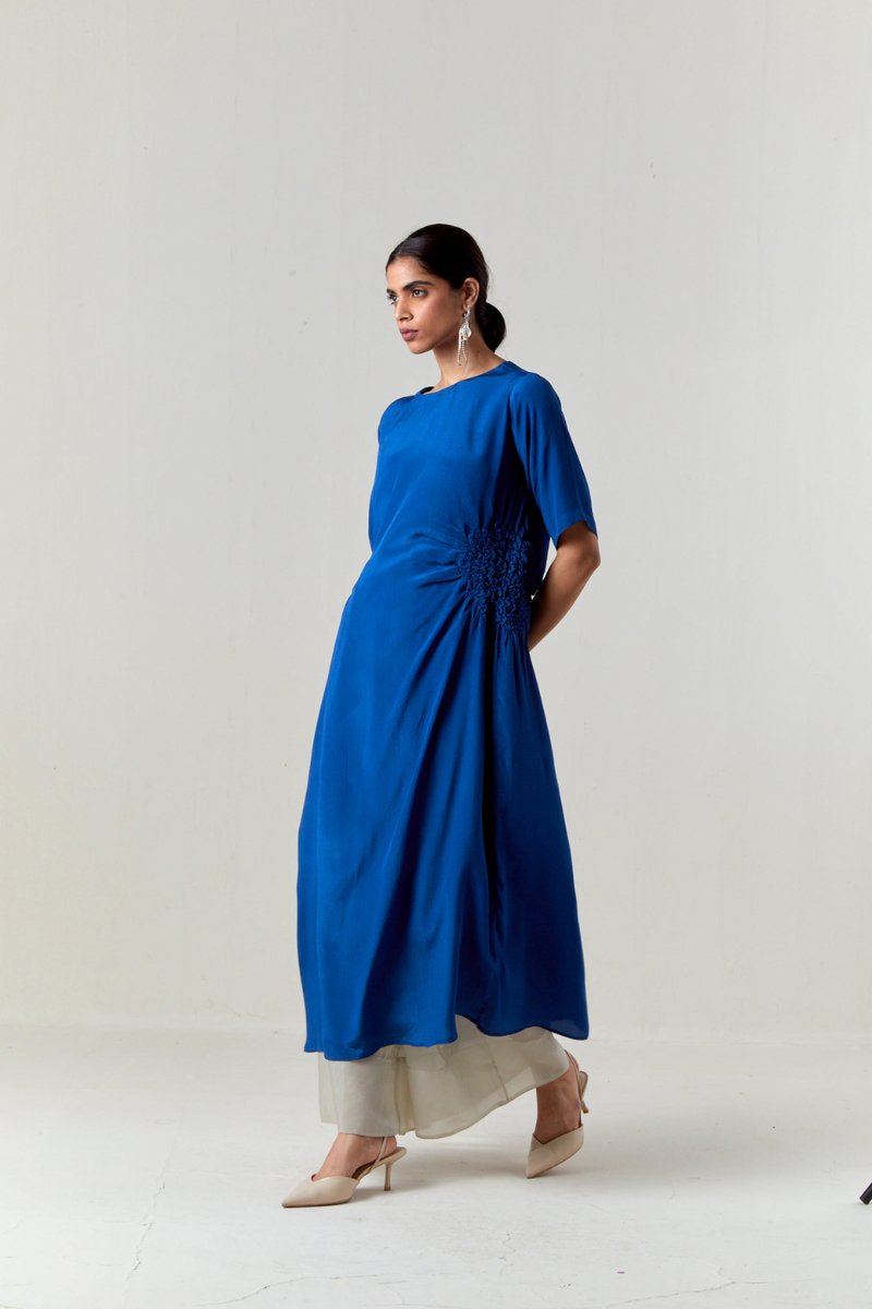 RUCHING TUNIC CO-ORD-ELECTRIC BLUE by THREE in blue color for women in Singapore