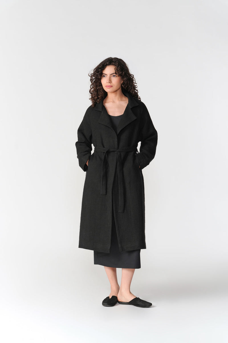 Chenille Long Overcoat jacket/overlay by Turn Black in black for women in Singapore