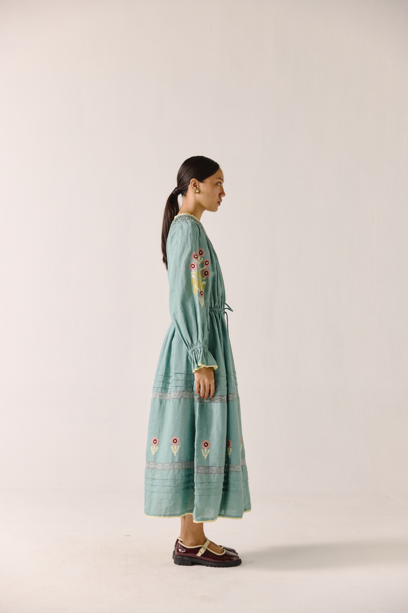 Edith Dress - Pale Blue Pixel Applique linen by CORD in blue for women in Singapore