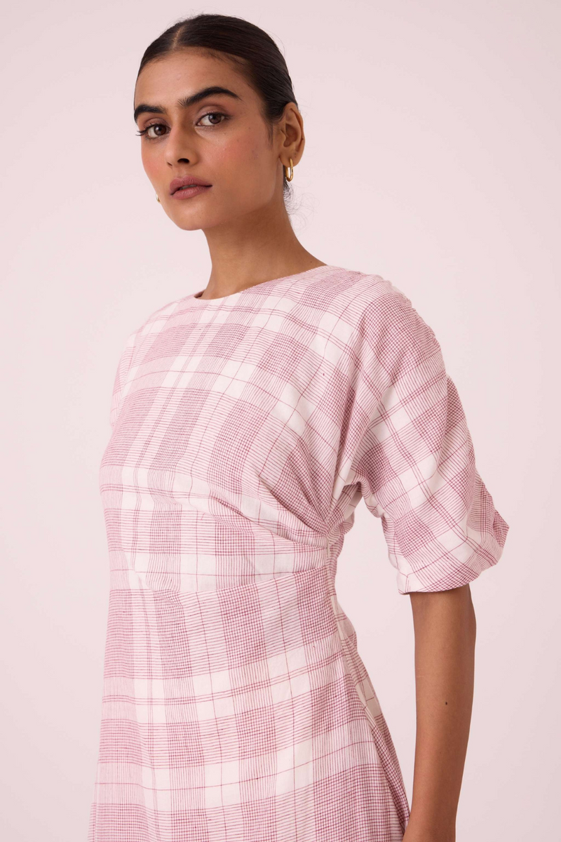 Pine Checkered Handwoven Dress cotton by The Summer House in white color for women in Singapore