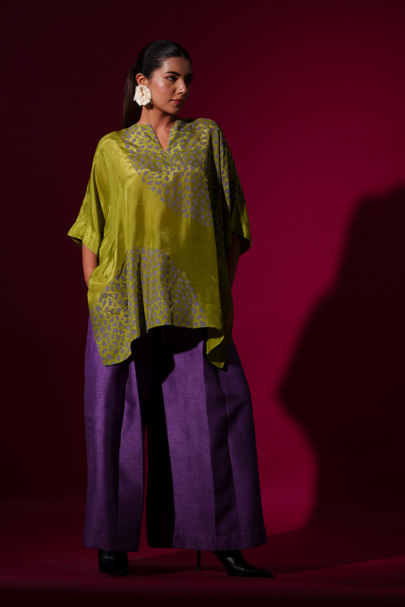 Beau Top-Leaf Green + Grey upada silk tops and shirts by Stoique in leaf green, grey for women in Singapore