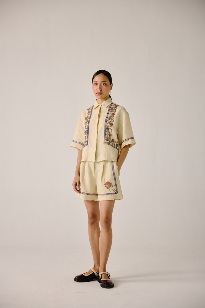 Leo Set - Ivory Cross Stitch Emb. linen by CORD in ivory for women in Singapore