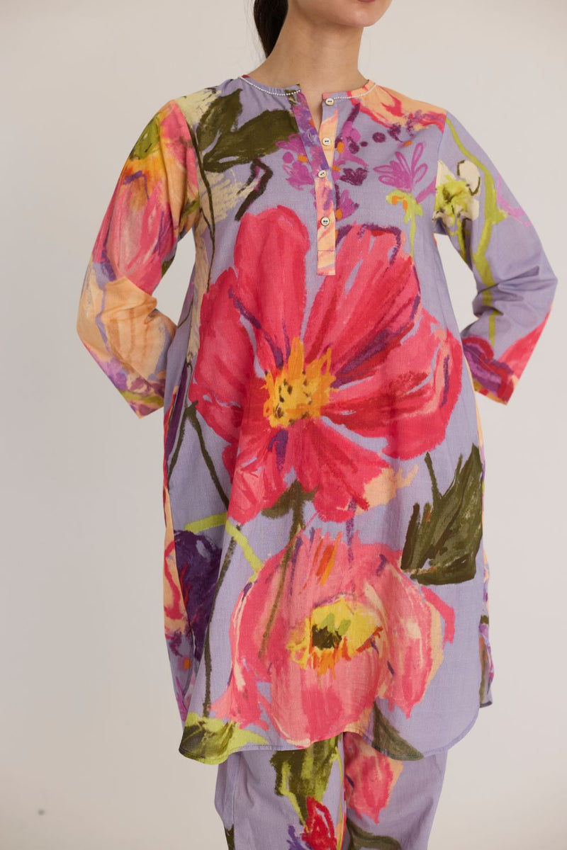 DOLLY PURPLE SHORT COTTON KURTA SET cotton by Yam in multi color for women in Singapore