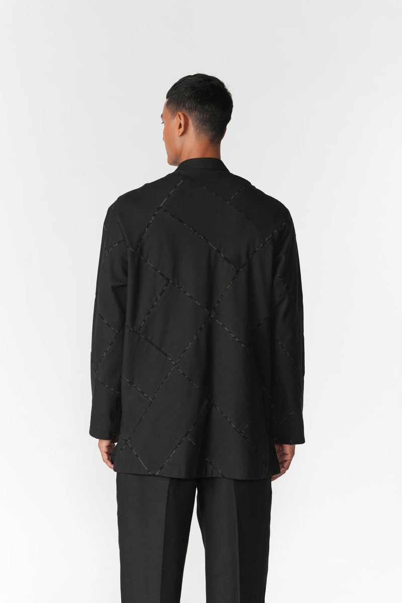 Patchwork Double Placket Shirt top/shirt by Turn Black in black for men in Singapore
