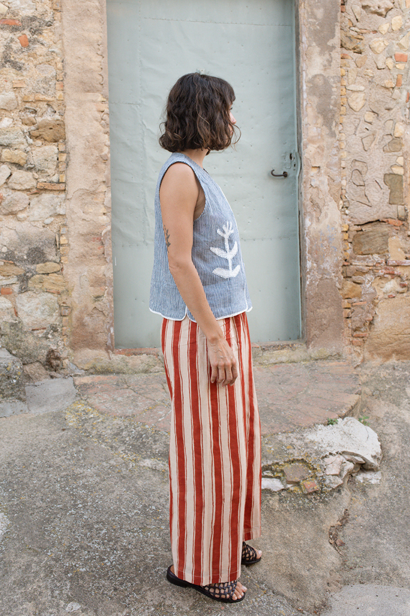 Zebra Stroll Pants-Red Stripes handwoven cotton pant/trouser by World of Crow in multicolor for women in Singapore