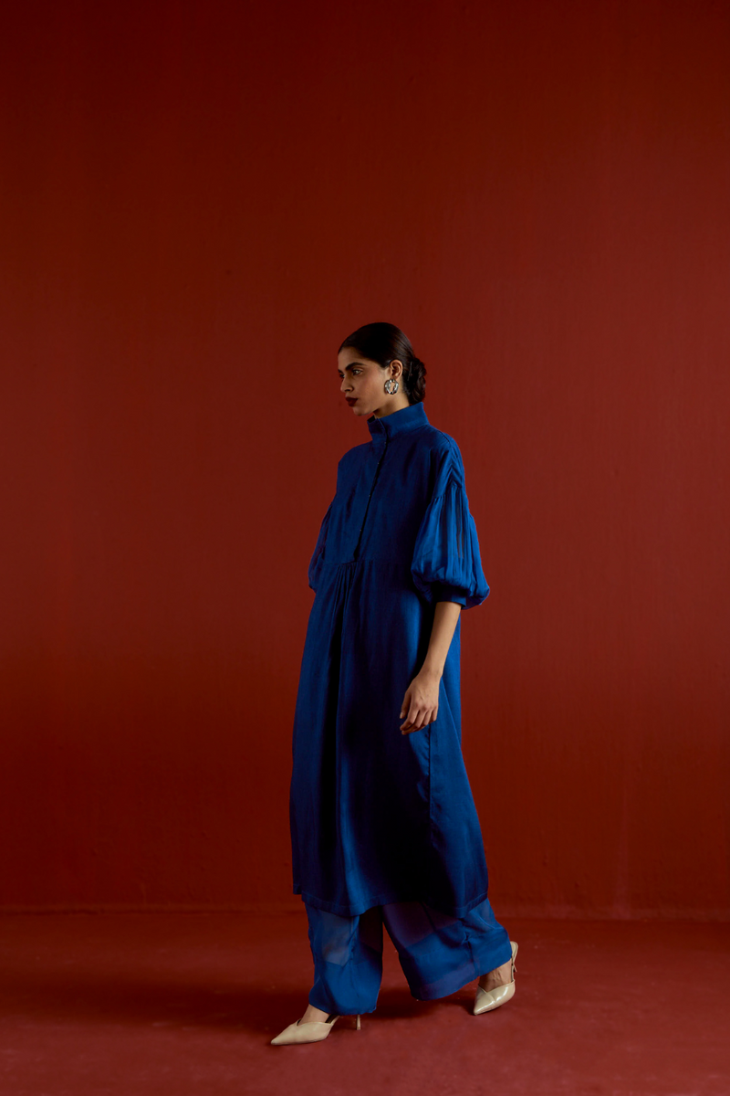 TURTLE NECK TUNIC CO-ORD-ELECTRIC BLUE silk by THREE in blue color for women in Singapore