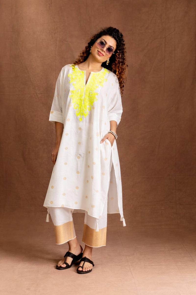 Summer Neon Kurta Set-Neckline Embroidery (neon lime green) Pure Cotton Kurta Set Sabo by Sabina — Canvas & Weaves Singapore