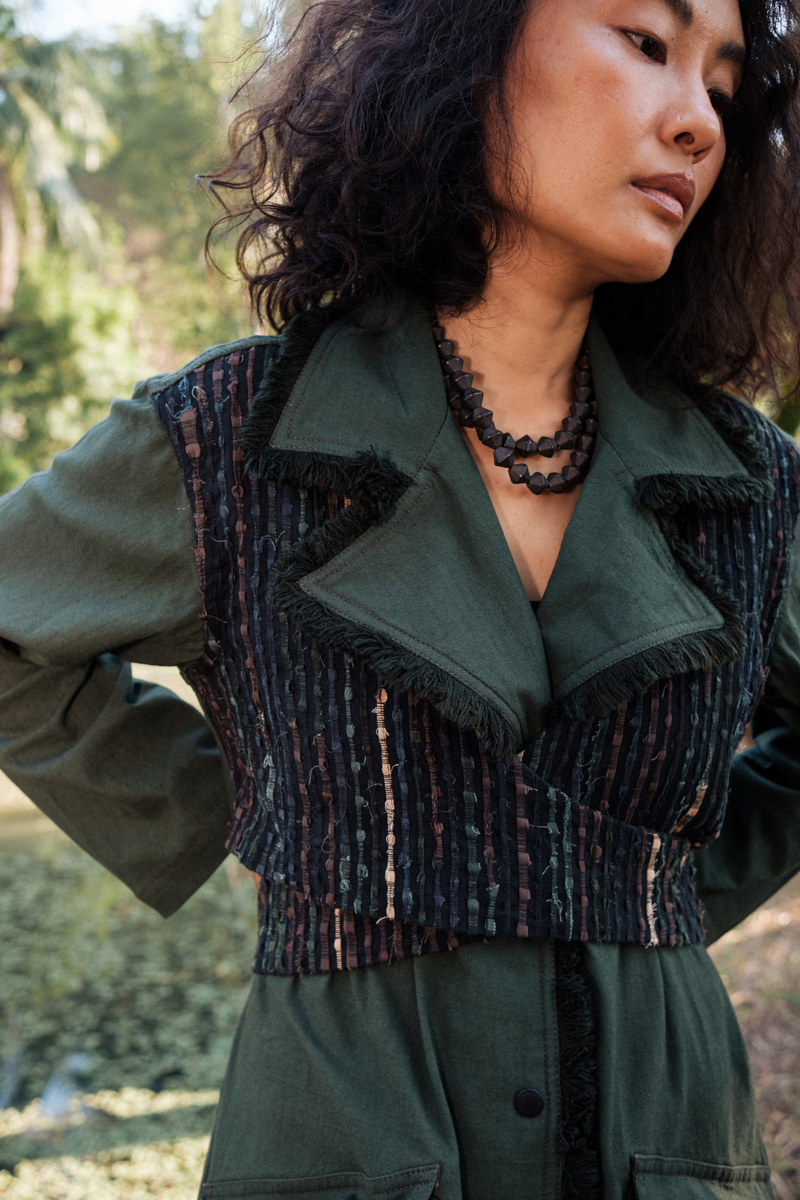 Upcycled Handwoven Copenhagen Trench - Green cotton by The Terra Tribe in green color for women in Singapore