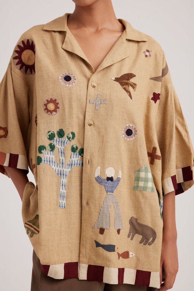 Unisex Oversized Shirt-Folk Applique-Beige linen by CORD for women in Singapore