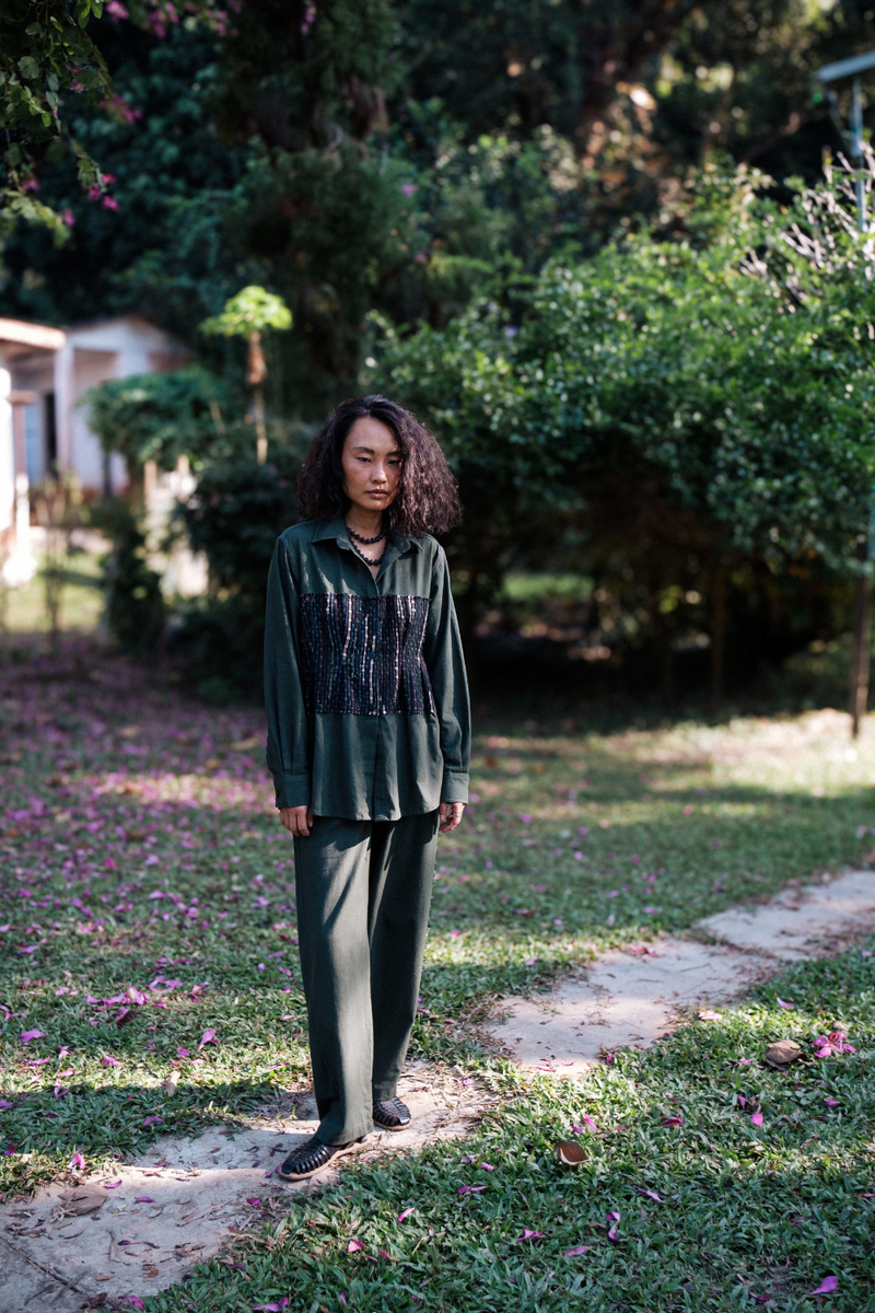Upcycled Handwoven Hunza Shirt - Green cotton by The Terra Tribe in green color for women in Singapore
