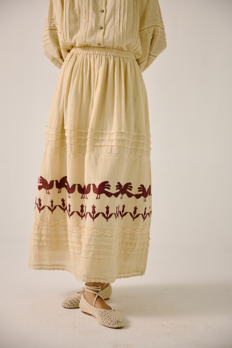 Emily Skirt - Ivory Block Print cotton by CORD in ivory for women in Singapore