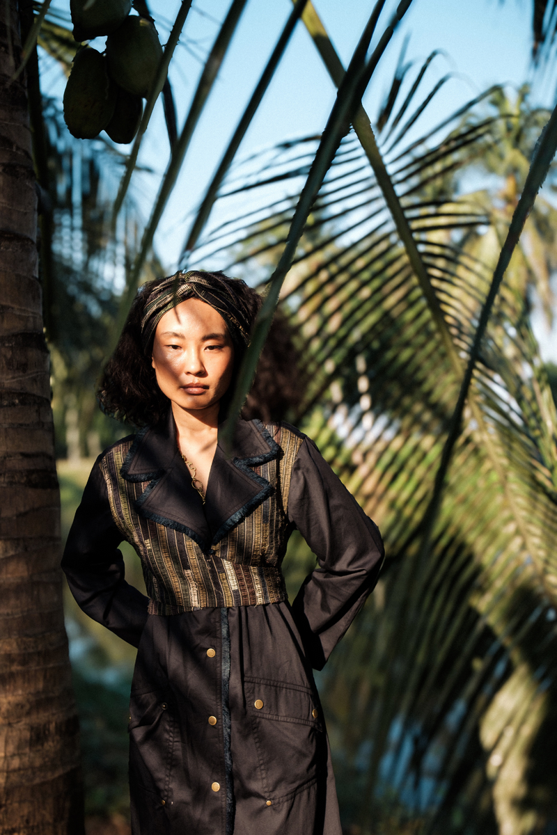 Upcycled Copenhagen Trench - Black Green cotton by The Terra Tribe in green color for women in Singapore