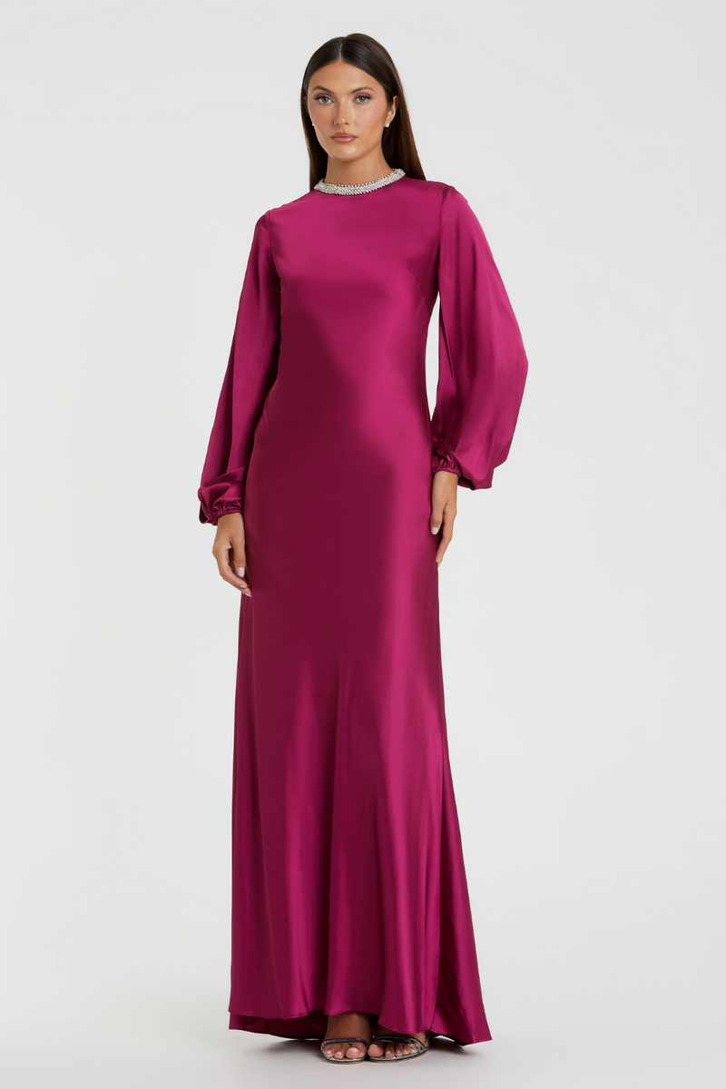 26575-Bishop Sleeve Satin Gown-Berry by Mac Duggal for women in Singapore