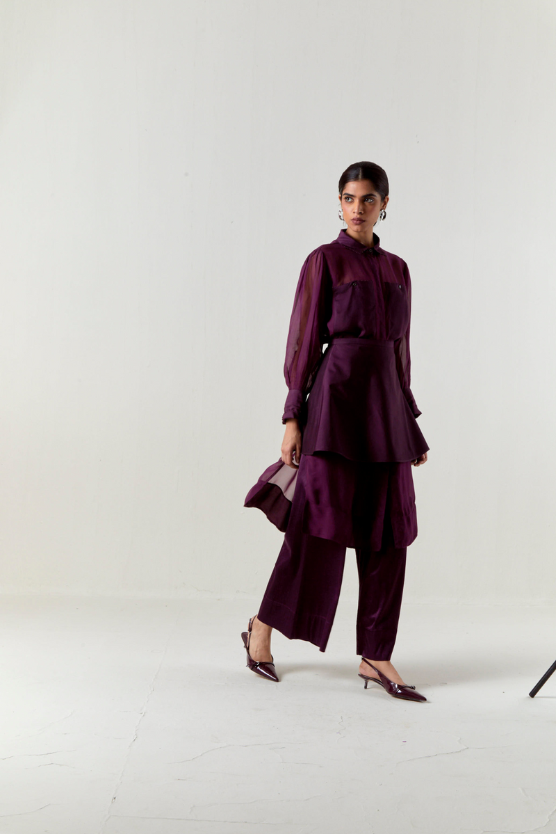 BEADED COLLAR SHEER SHIRT CO-ORD-WINE organza by THREE for women in Singapore