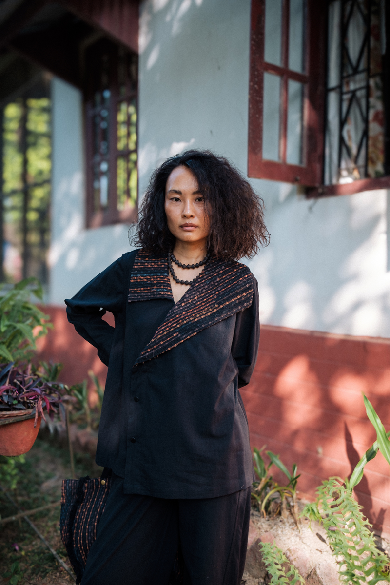Upcycled Handwoven Arrow collar shirt - Black Copper cotton by The Terra Tribe in black color for women in Singapore