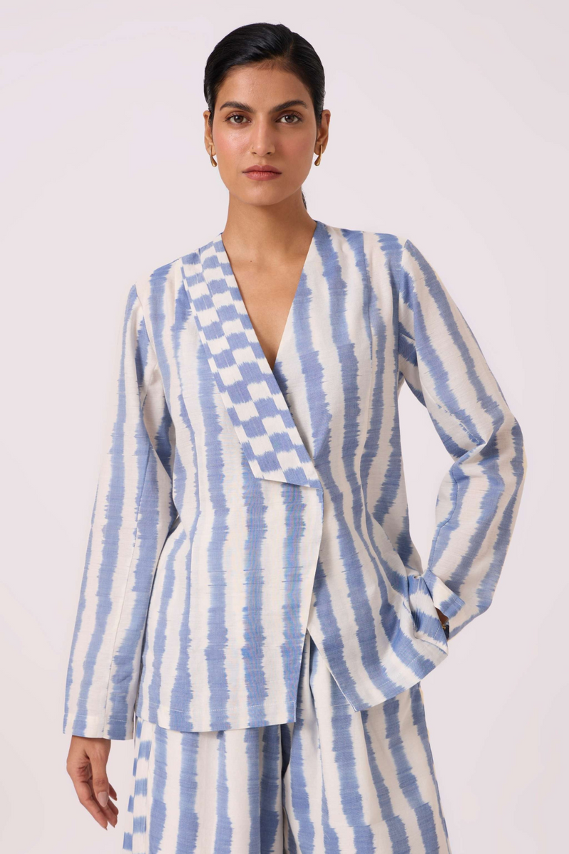 Dimtri Blue Striped Ikat Jacket cotton by The Summer House in blue color for women in Singapore