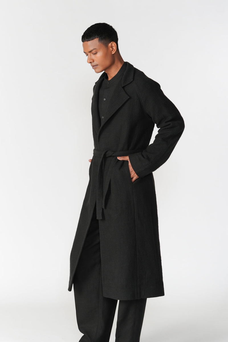 Chenille Notch Lapel Long Overcoat jacket/overlay by Turn Black in black for men in Singapore