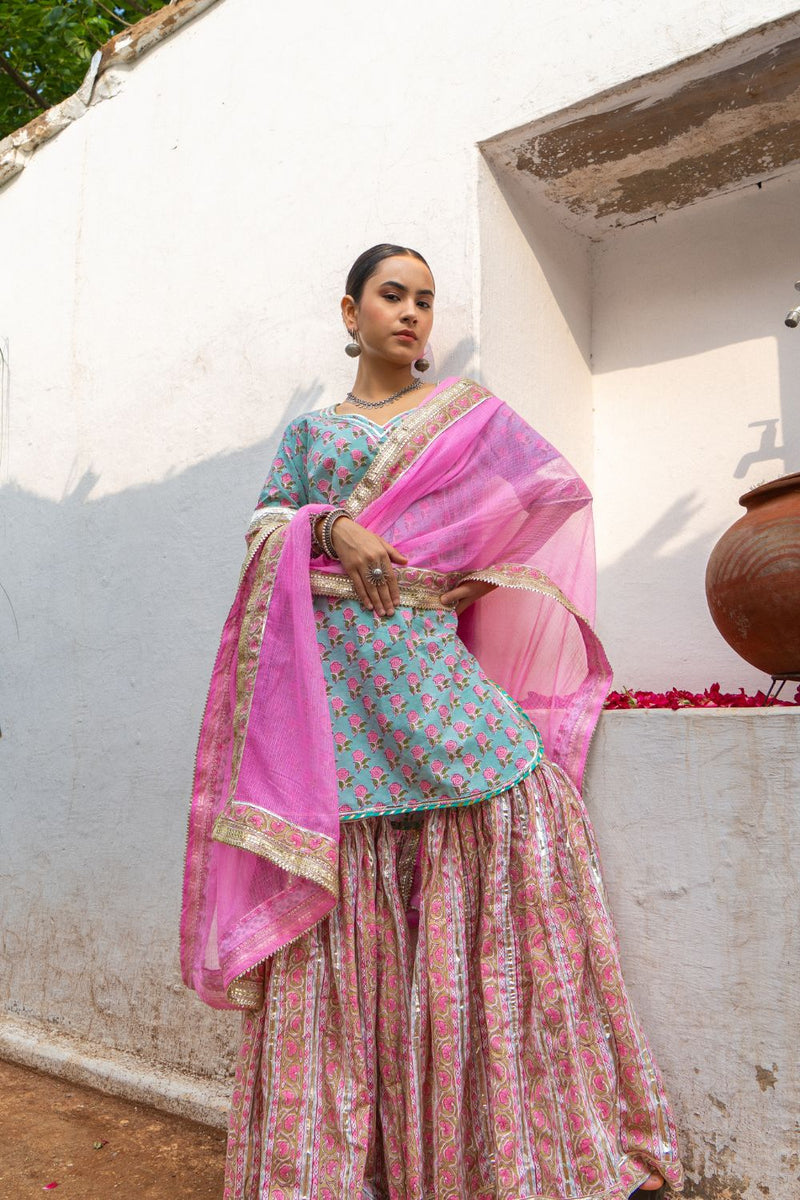 Saundh Pink and blue hand block printed gota sharara set cotton Buy Saundh Pink and blue hand block printed gota sharara set from C&W | Kurta/Kurta Sets for Women by Maison Shefali in multi color for women in Singapore