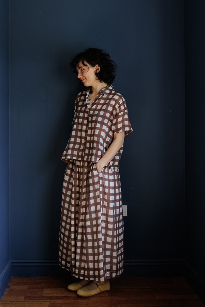 Easy Shirt-Brown Checks handwoven cotton top/shirt by World of Crow in brown for women in Singapore