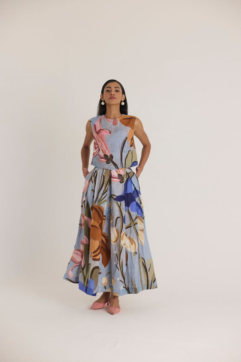 NICO LINEN TOP & SKIRT SET linen by Yam in blue color for women in Singapore
