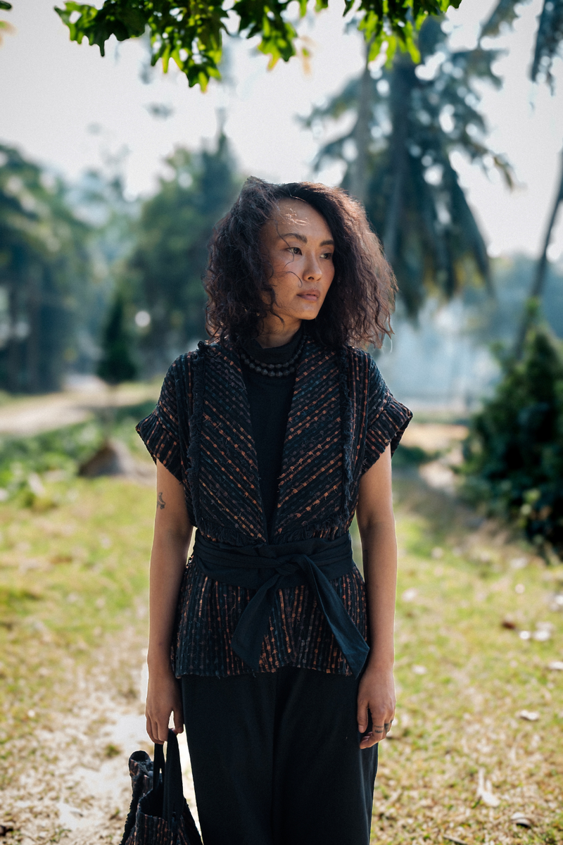 Upcycled Handwoven Berlin shawl collar top - Copper cotton by The Terra Tribe for women in Singapore