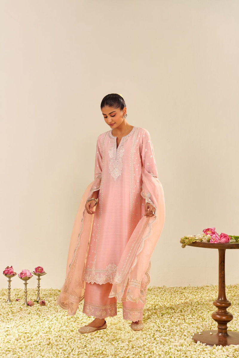 Sumaiya - A-Line Kurta With Palazzo And Dupatta-Blush Pink silk by SHEETAL BATRA in blush color for women in Singapore