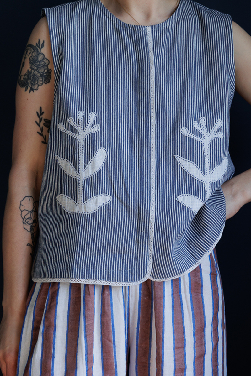 Classic Vest-AppliquŽ handwoven cotton top/shirt by World of Crow in multicolor for women in Singapore
