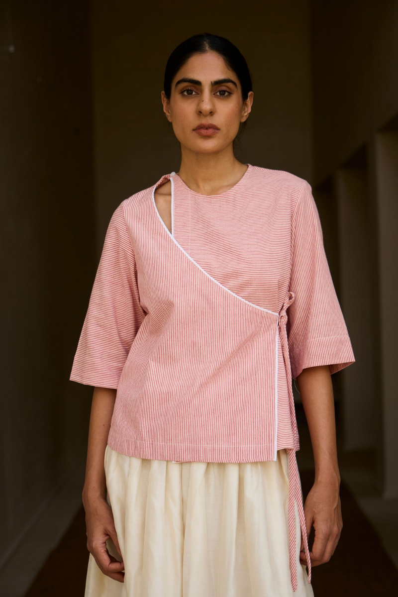 Cinta Handwoven Red Striped Tie Top cotton by The Summer House in red color for women in Singapore