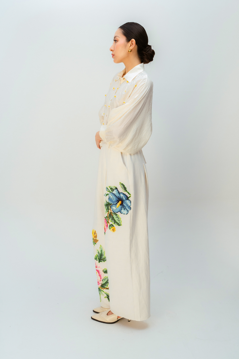 PETAL VALLEY TROUSER handwoven denim pant/trouser by Ode to Odd in off white for women in Singapore