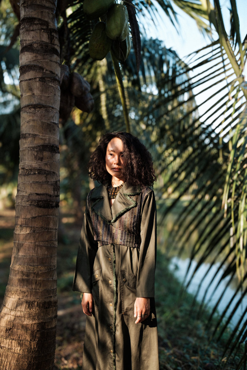 Upcycled Copenhagen Trench - Green cotton by The Terra Tribe in green color for women in Singapore