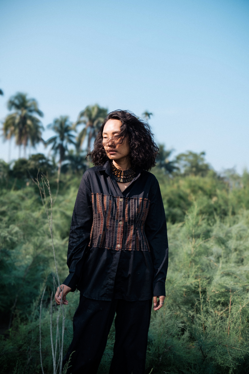 Upcycled Hunza Shirt - Black Copper cotton by The Terra Tribe in black color for women in Singapore