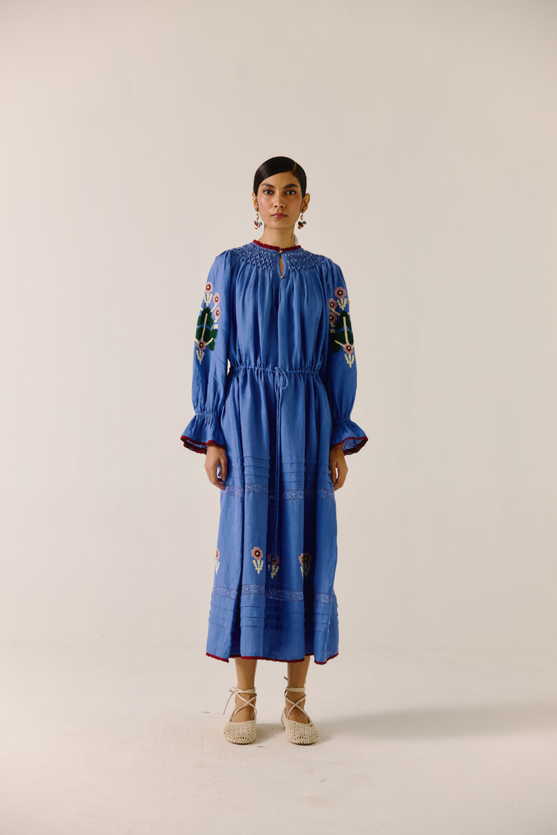 Edith Dress - Electric Blue Pixel Applique linen by CORD in blue for women in Singapore