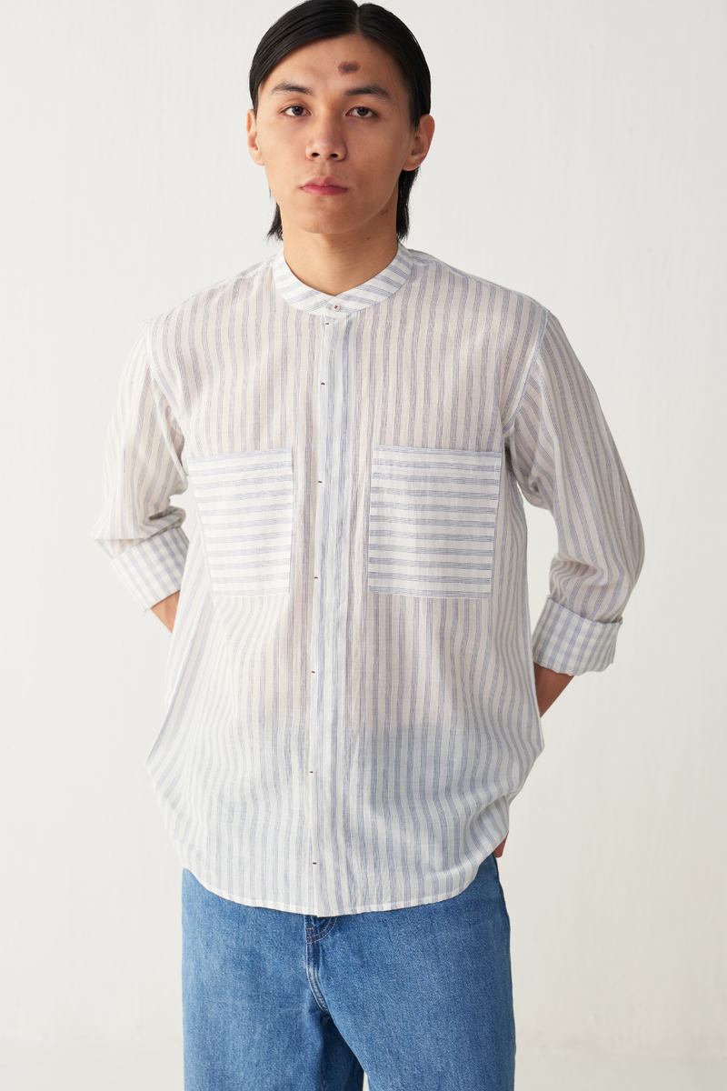 BAND COLLAR SHIRT cotton by THREE Men in blue color for men in Singapore