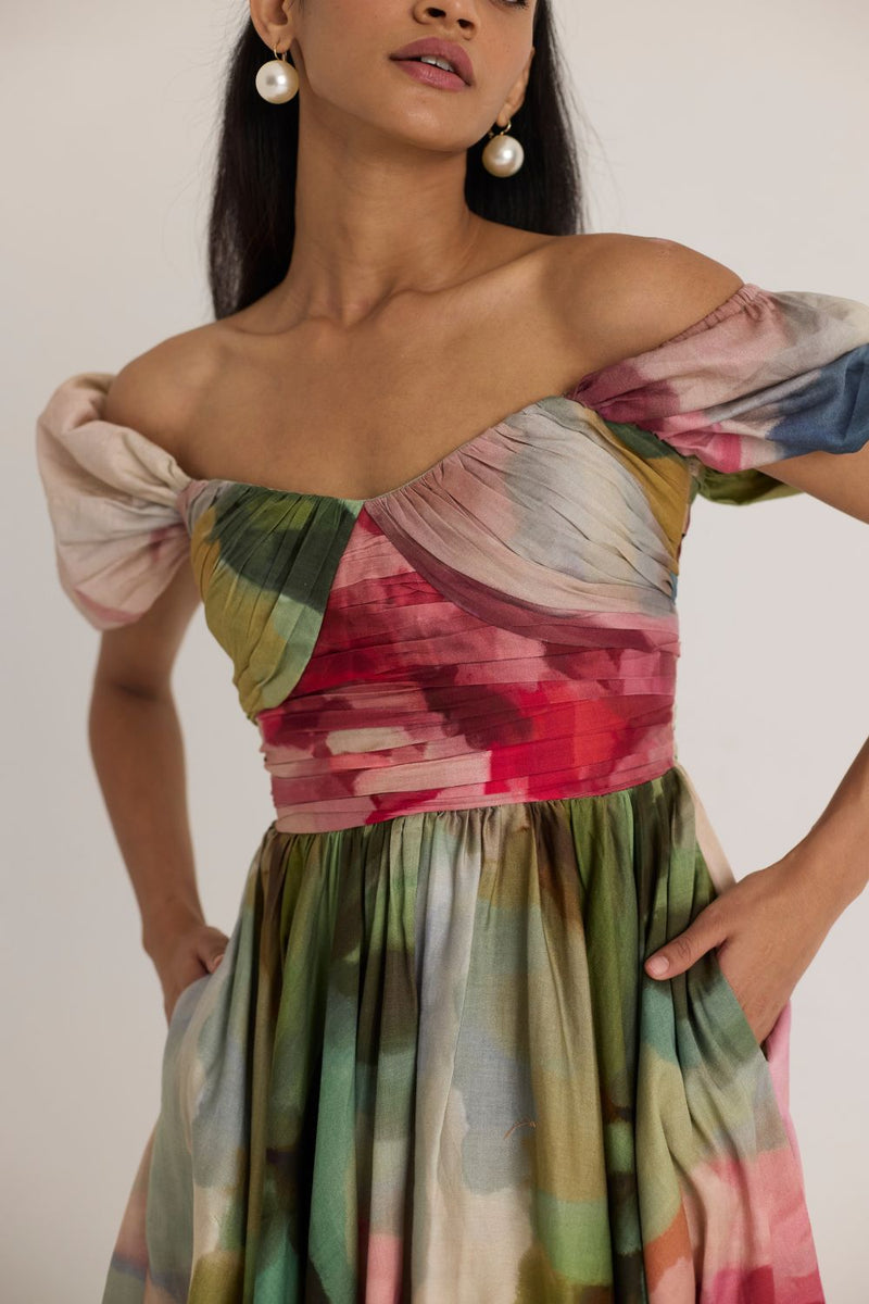 TILLY PUFF SLEEVE DRESS satin by Yam in multi color for women in Singapore