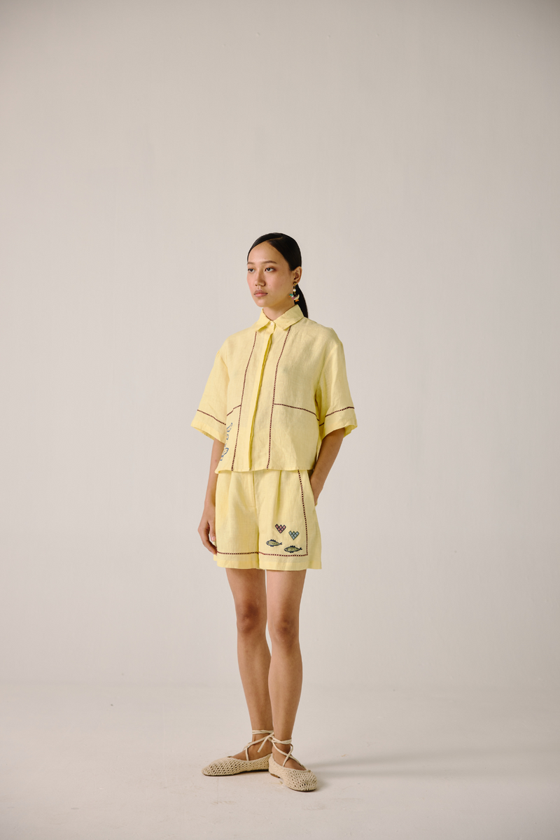 Leo Set - Butter Yellow Fish Embroidery linen by CORD in yellow for women in Singapore